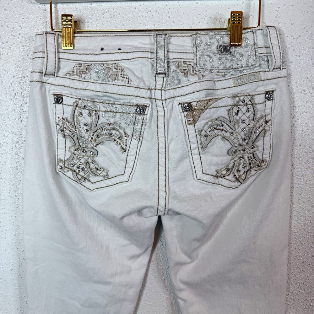 Miss Me Women's White Low Rise Skinny Jeans Rhinestone Embroidered 27 2000's